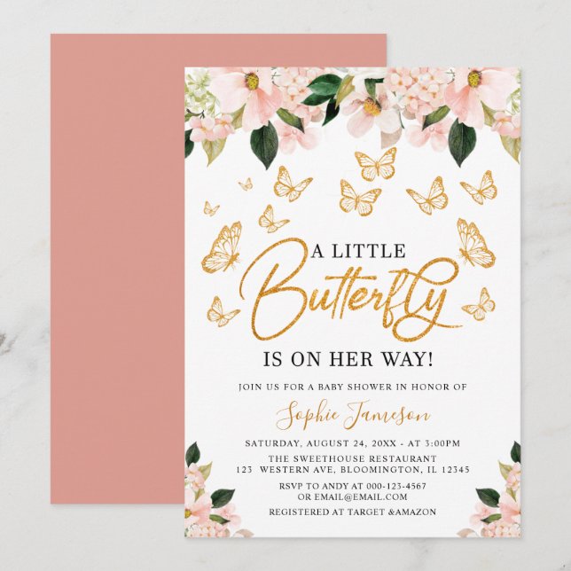 Blush Pink Rose Gold Blumenschmetterling Baby Dusc Einladung (Vorne/Hinten)