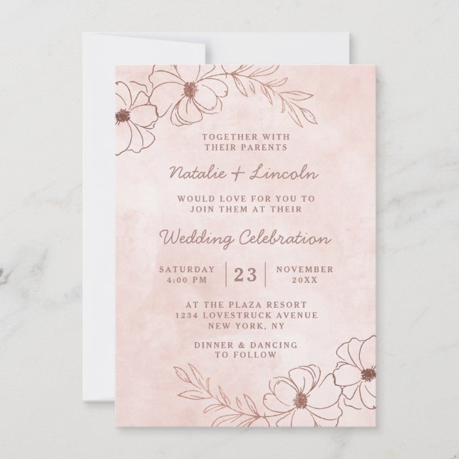 Blush Pink & Rose Gold Chic Blumenstrauß Hochzeit Einladung (Vorderseite)