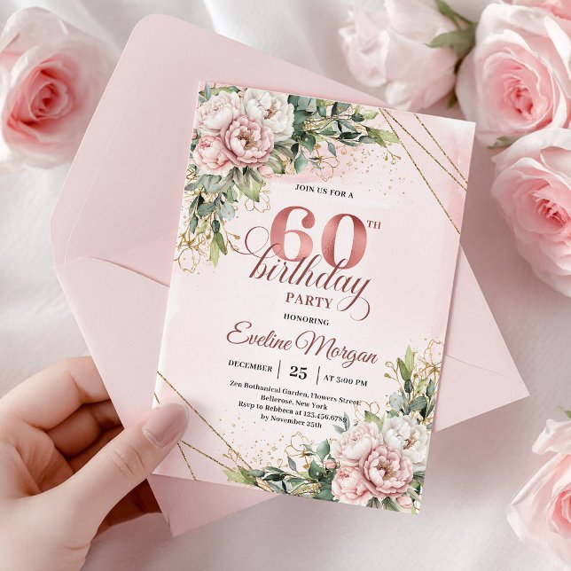 Blush Pink Rose Gold Floral 60th Birthday Invites Einladung (Blush Pink Rose Gold Floral 60th Birthday Invitation)