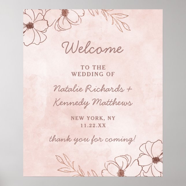 Blush Pink & Rose Gold Foil Hochzeit Begrüßungszei Poster (Vorne)