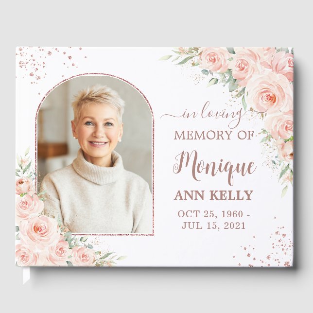 Blush Pink Rose Gold Gedenkstätte Beerdigung Foto Gästebuch (Vorderseite)