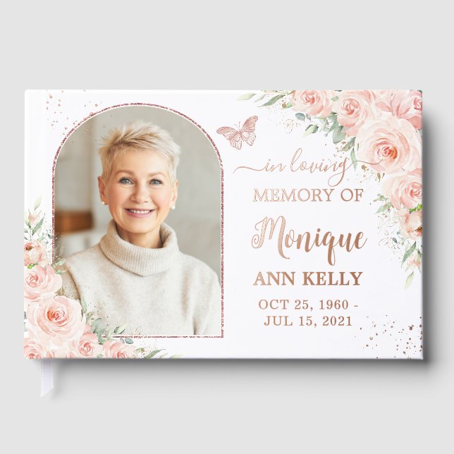 Blush Pink Rose Gold Gedenkstätte Beerdigung Foto Gästebuch (Vorderseite)