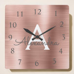 Blush Pink - Rose Gold Metallic Monogram Name Quadratische Wanduhr<br><div class="desc">Blush Pink - Rose Gold Faux Stainless Steel Foil Monogram Name and Initial Custom Unique Personalized Wall Clock for the House or Office. The Wall Clock makes the perfect Christmas or Sweet 16,  18th,  21st,  30th,  40th,  50th or 60th Birthday gift for someone who loves pink metallic decor.</div>
