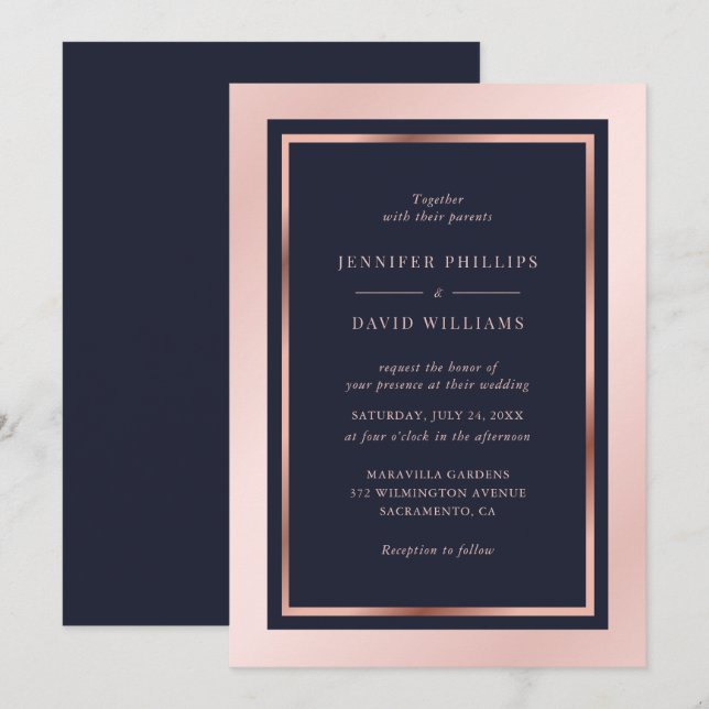 Blush Pink Rose Gold Moderne Gerahmte Hochzeit Einladung (Vorne/Hinten)