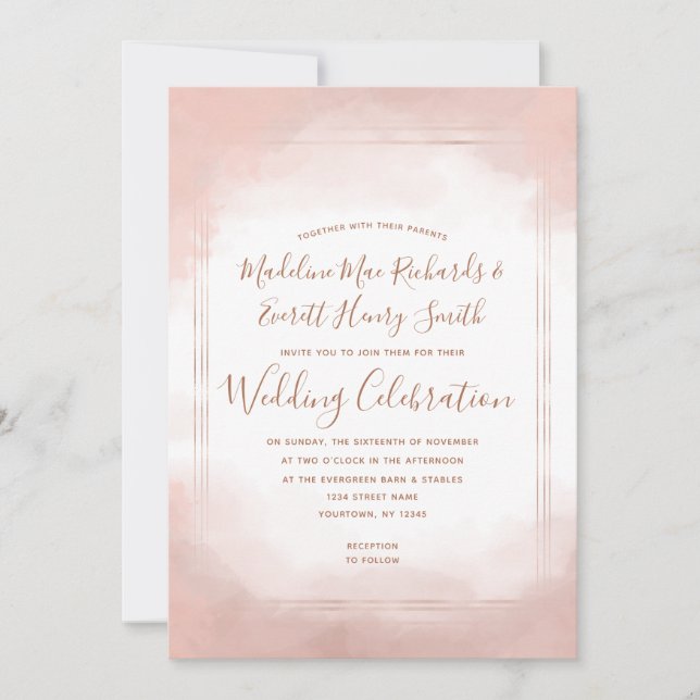 Blush Pink & Rose Gold Rahmen Hochzeitseinladung Einladung (Vorderseite)