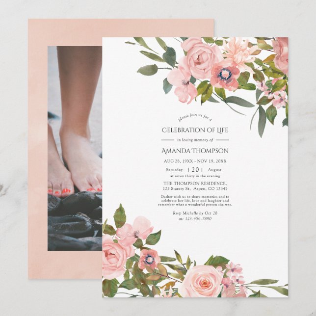 Blush Pink & Rose Goldene Blumenfeier Einladung (Vorne/Hinten)