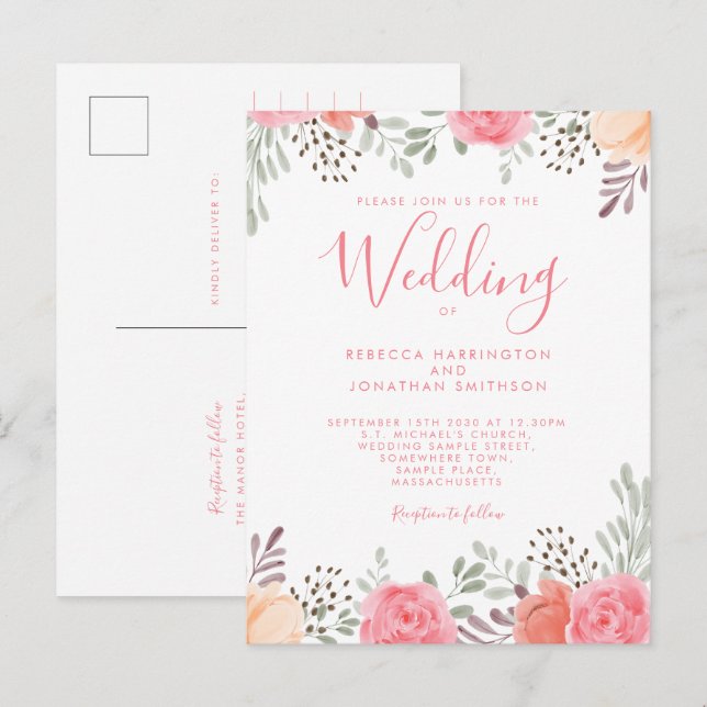 Blush Pink Rose Hochzeitsfeier mit floralen Farben Postkarte (Vorne/Hinten)