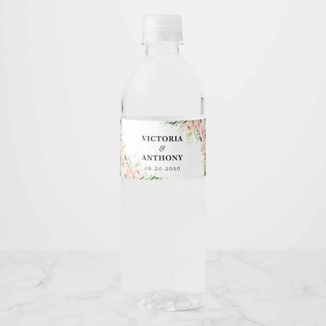 Blush Pink Rose Hochzeitswasser Flasche Labels (Vorderseite)