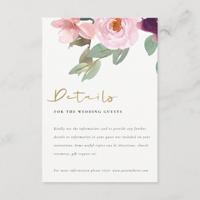 BLUSH PINK ROSE WATERCOLOR FLORAL WEDING DETAIL BEGLEITKARTE (Vorderseite)