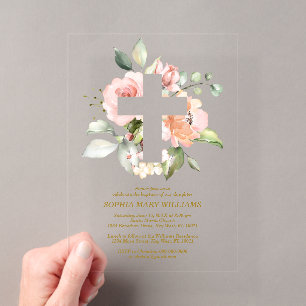 Blush Pink Rose & White Cross Girl Taufe Acryleinladungen