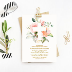 Blush Pink Rose & White Cross Girl Taufe Einladung