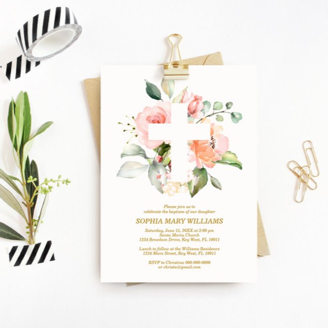 Blush Pink Rose & White Cross Girl Taufe Einladung (Von Creator hochgeladen)