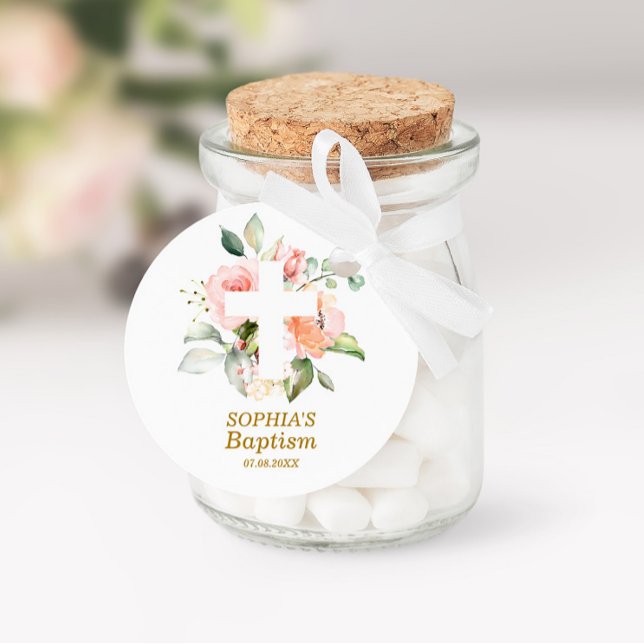 Blush Pink Rose & White Cross Girl Taufe Runder Aufkleber (Von Creator hochgeladen)