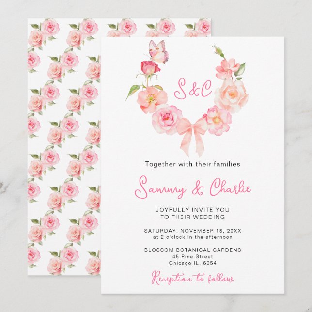 Blush Pink Rose Wreath Ribbon Wedding Einladung (Vorne/Hinten)
