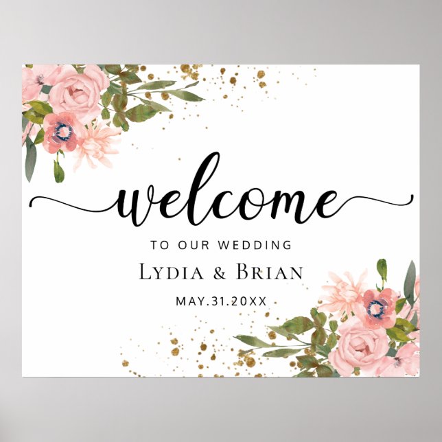Blush Pink Roses and Gold  Wedding Welcome Sign Poster (Vorne)