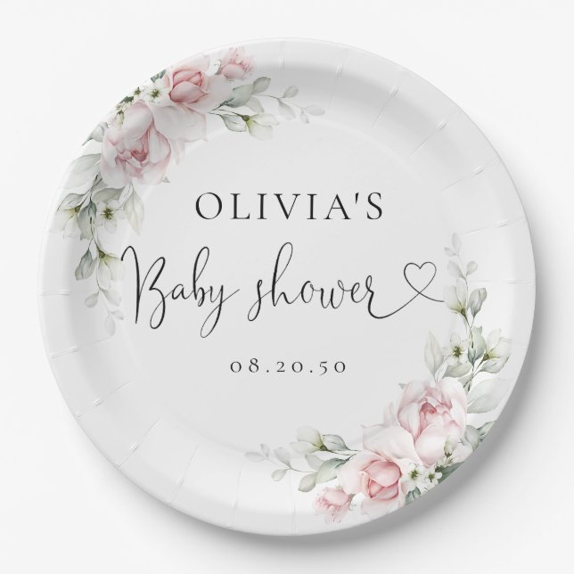 Blush Pink Roses Babydusche Papierplatte Pappteller (Vorderseite)