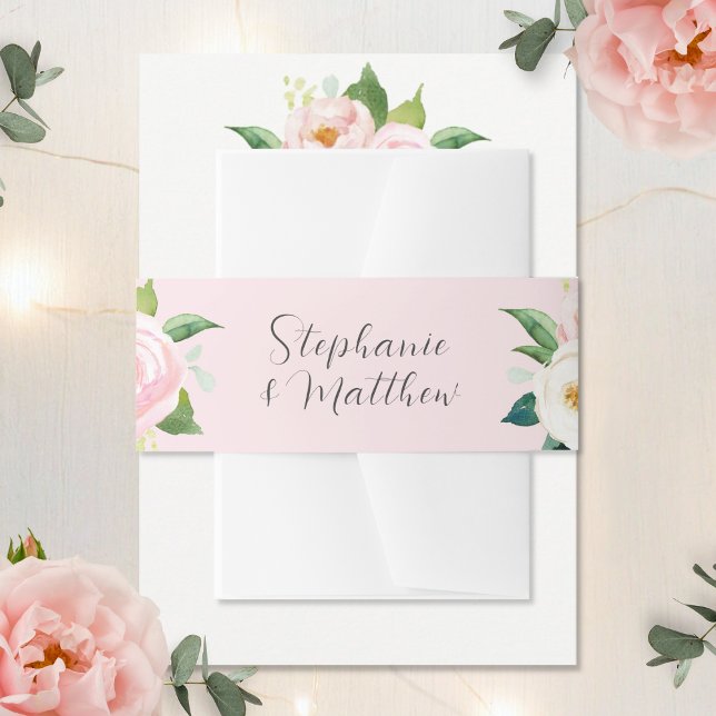 Blush Pink Roses Botanische Wasserfarbenhochzeit Einladungsbanderole (Von Creator hochgeladen)