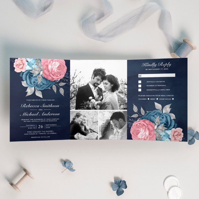 Blush Pink Roses Dusty Blue Floral Navy Hochzeit Dreifach Gefaltete Einladung (Von Creator hochgeladen)