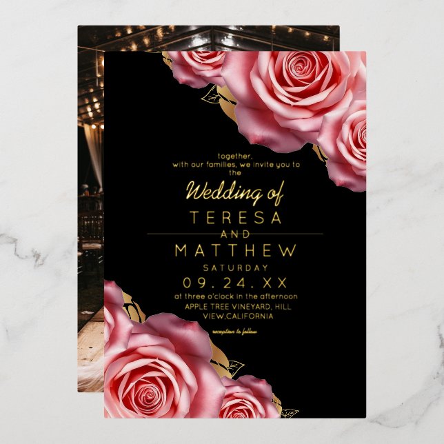 Blush Pink Roses Gold Foil Black Modern Wedding  Folieneinladung (Vorderseite/Rückseite)