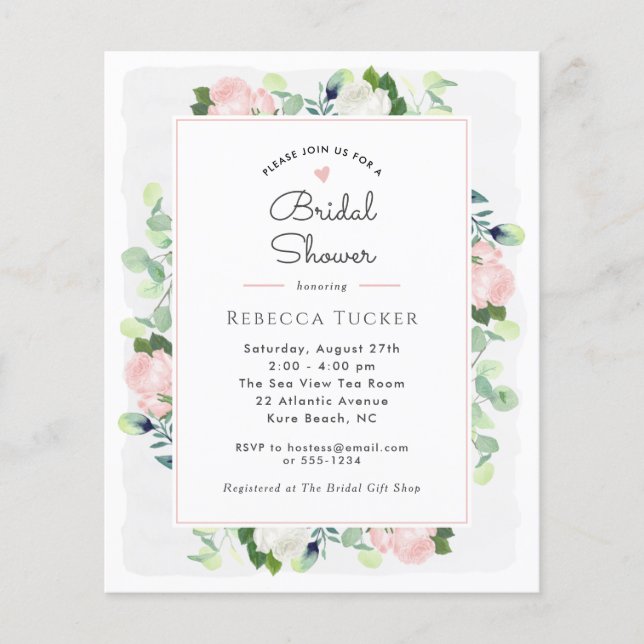 Blush Pink Roses Grüne Bridal Dusche Einladung (Vorderseite)