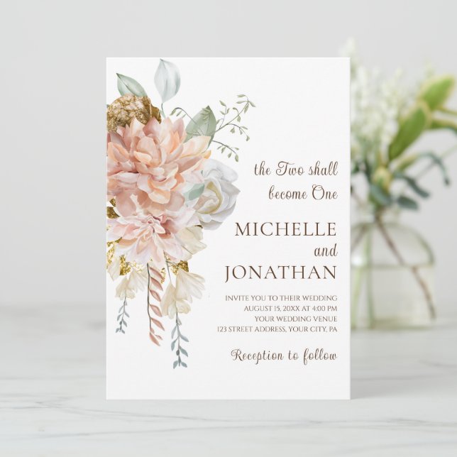 Blush Pink Roses Grüne Christliche Hochzeit Einladung (Stehend Vorderseite)