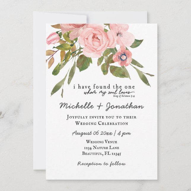 Blush Pink Roses Grüne Christliche Hochzeit Einladung (Vorderseite)
