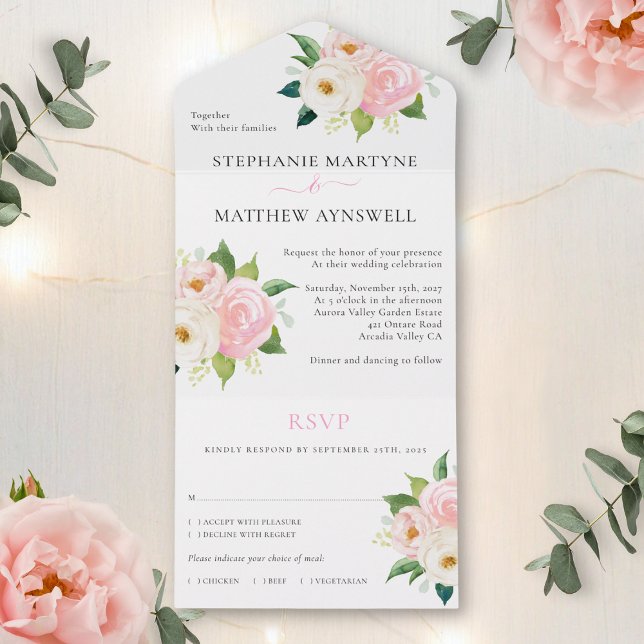 Blush Pink Roses Moderne blumenreiche Hochzeit All In One Einladung (Von Creator hochgeladen)