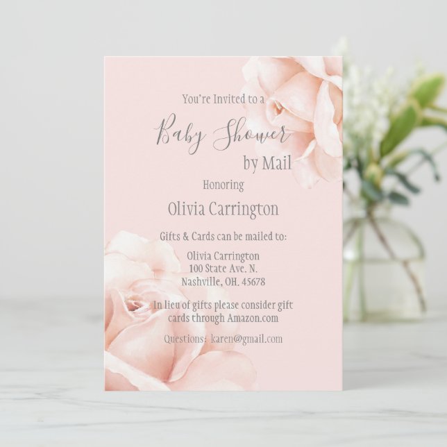Blush Pink Roses Script Baby Dusche by Mail Einladung (Stehend Vorderseite)