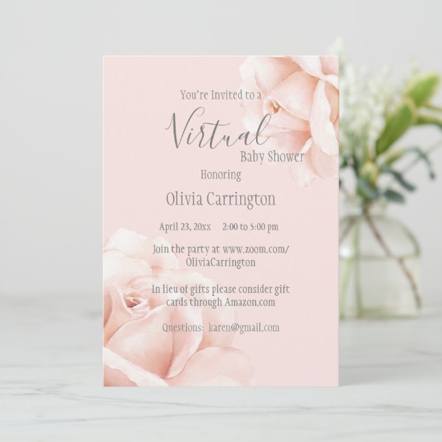 Blush Pink Roses Script Baby Dusche von Virtual Einladung (Stehend Vorderseite)