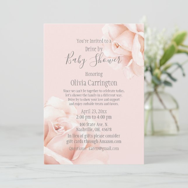 Blush Pink Roses Script Drive by Baby Dusche Einladung (Stehend Vorderseite)