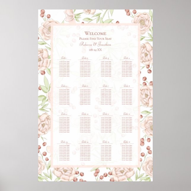 Blush Pink Roses Vintage Wedding Seating Chart Poster (Vorne)