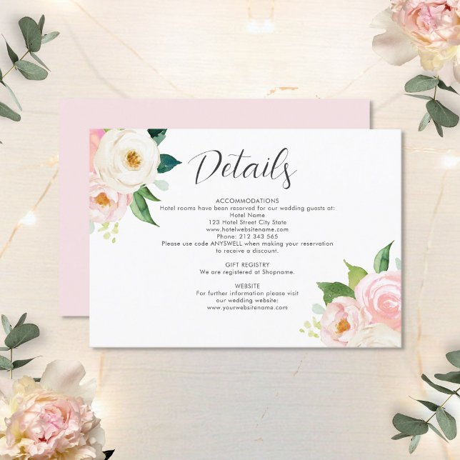 Blush Pink Roses Watercolor Hochzeitdetails Begleitkarte (Von Creator hochgeladen)