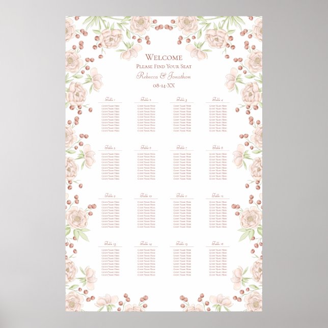 Blush Pink Roses Wedding Seating Chart Poster (Vorne)
