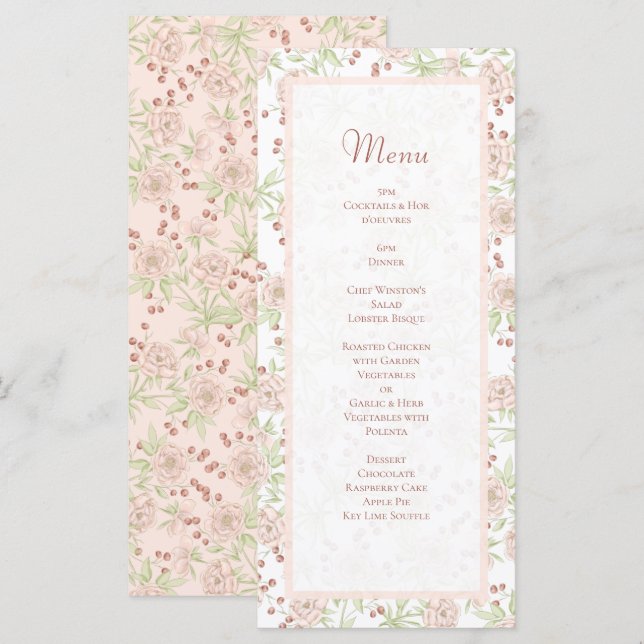 Blush Pink Roses Wedding Vintage Menus (Devant / Derrière)