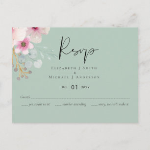 Blush Pink Sage Bloral Wedding RSVP Budget Postkarte