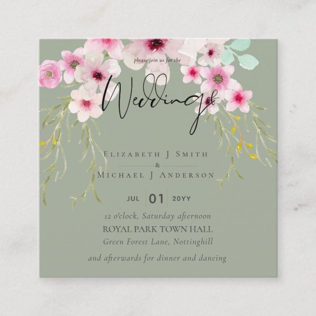 Blush Pink Sage Blumenzettel Quadratische Visitenkarte (Vorderseite)