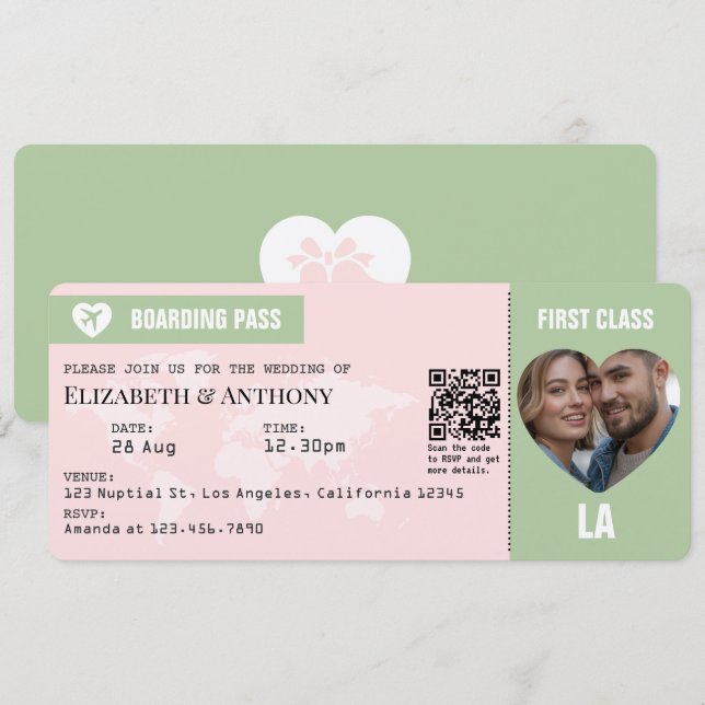 Blush Pink & Sage Green Boarding Pass Wedding Einladung (Vorne/Hinten)