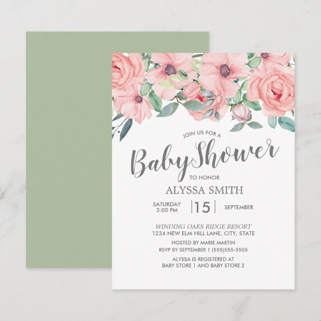 Blush Pink Sage Green Floral Baby Dusche Einladung (Vorne/Hinten)