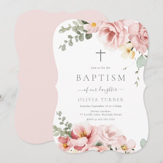 Blush Pink & Sage Green Floral Taufe Einladung (Vorne/Hinten)