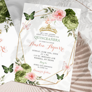 Blush Pink Sage Green Geometric Floral Quinceañera Einladung