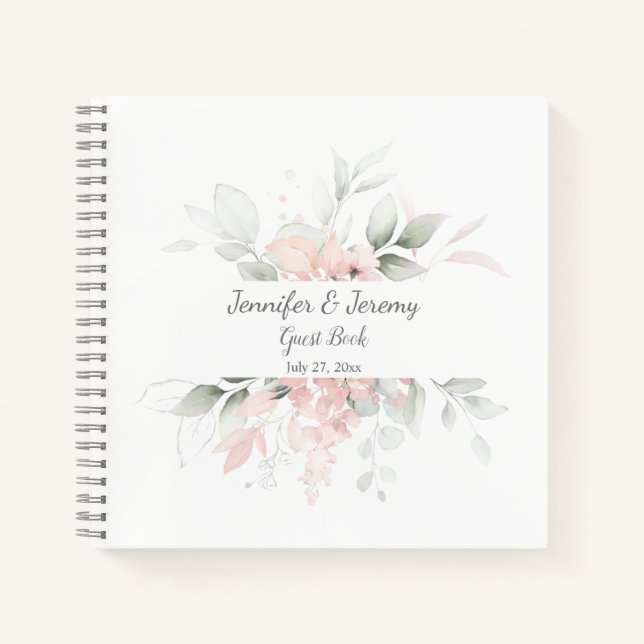 Blush Pink Sage Green Watercolor Rosen Gästebuch Notizbuch (Vorderseite)
