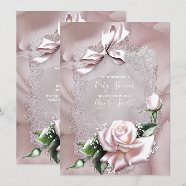 Blush Pink Satin Bow & Rose Lacy Baby Dusche Einladung (Vorne/Hinten)