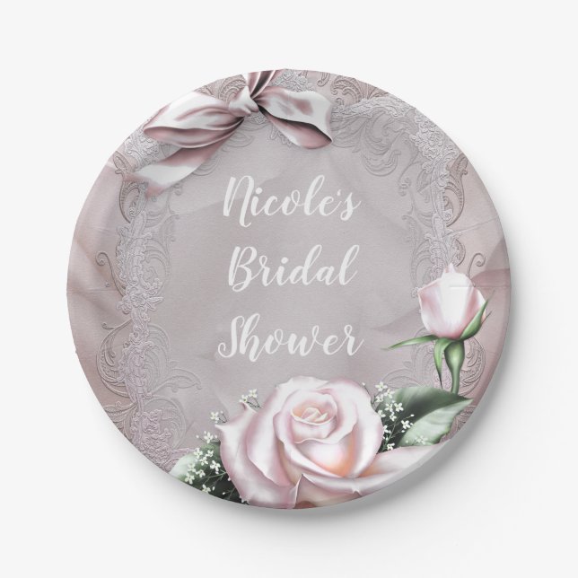 Blush Pink Satin Bow & Rose Romantische Blume Pappteller (Vorderseite)