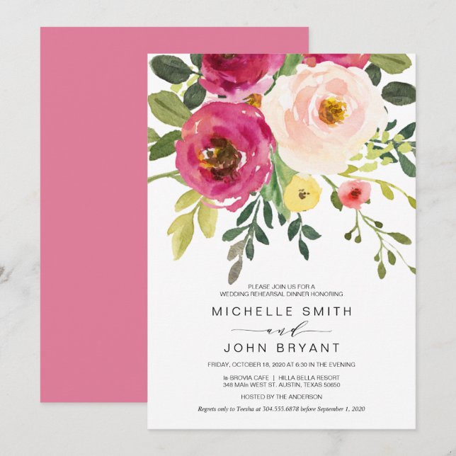Blush Pink Schönheitsflora, Hochzeitsessen Probe Einladung (Vorne/Hinten)