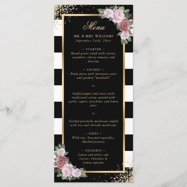 Blush Pink Schwarz-weiß Gold Floral Wedding Menükarte (Vorderseite)