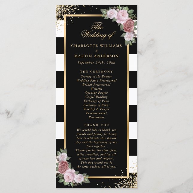 Blush Pink Schwarz-weiß Gold Floral Wedding Programm (Vorderseite)