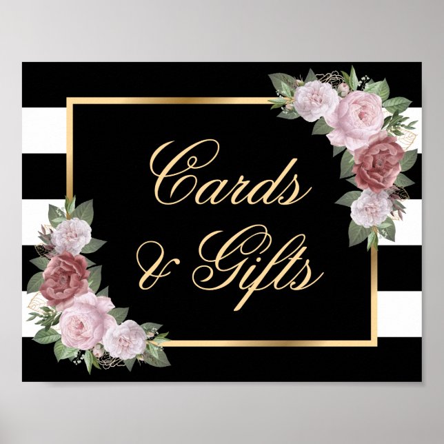 Blush Pink Schwarz-weiß Gold Floral Wedding Sign Poster (Vorne)