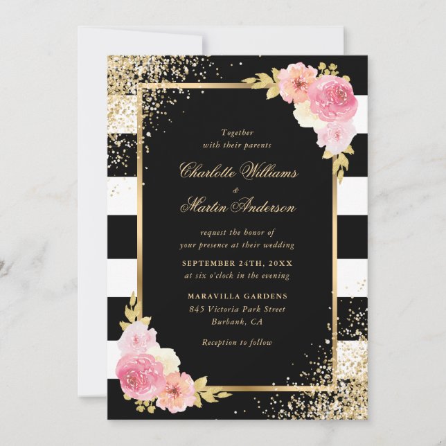 Blush Pink Schwarz-weiße Goldhochzeit Einladung (Vorderseite)