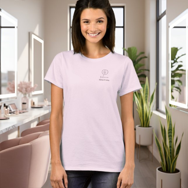 Blush Pink Script Employee Name Makeup Studio Logo T-Shirt (Blush pink makeup studio employee name t-shirt design with grey-back script & modern text plus logo)