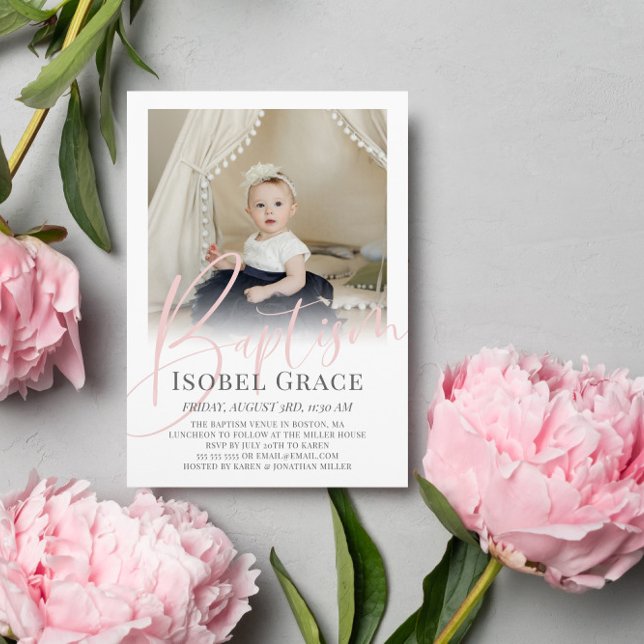 Blush Pink Script Foto Taufe Einladung (Von Creator hochgeladen)